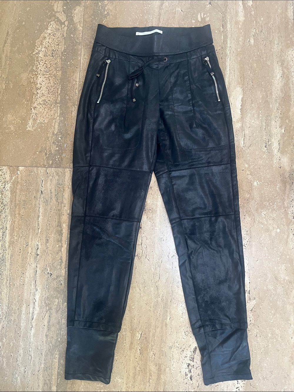 Women's Black Faux-Leather Jogger Pants with Zip Pockets